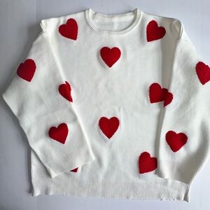 Heart Patterned Crew Neck Sweater - Cream and Red- M, L, XL